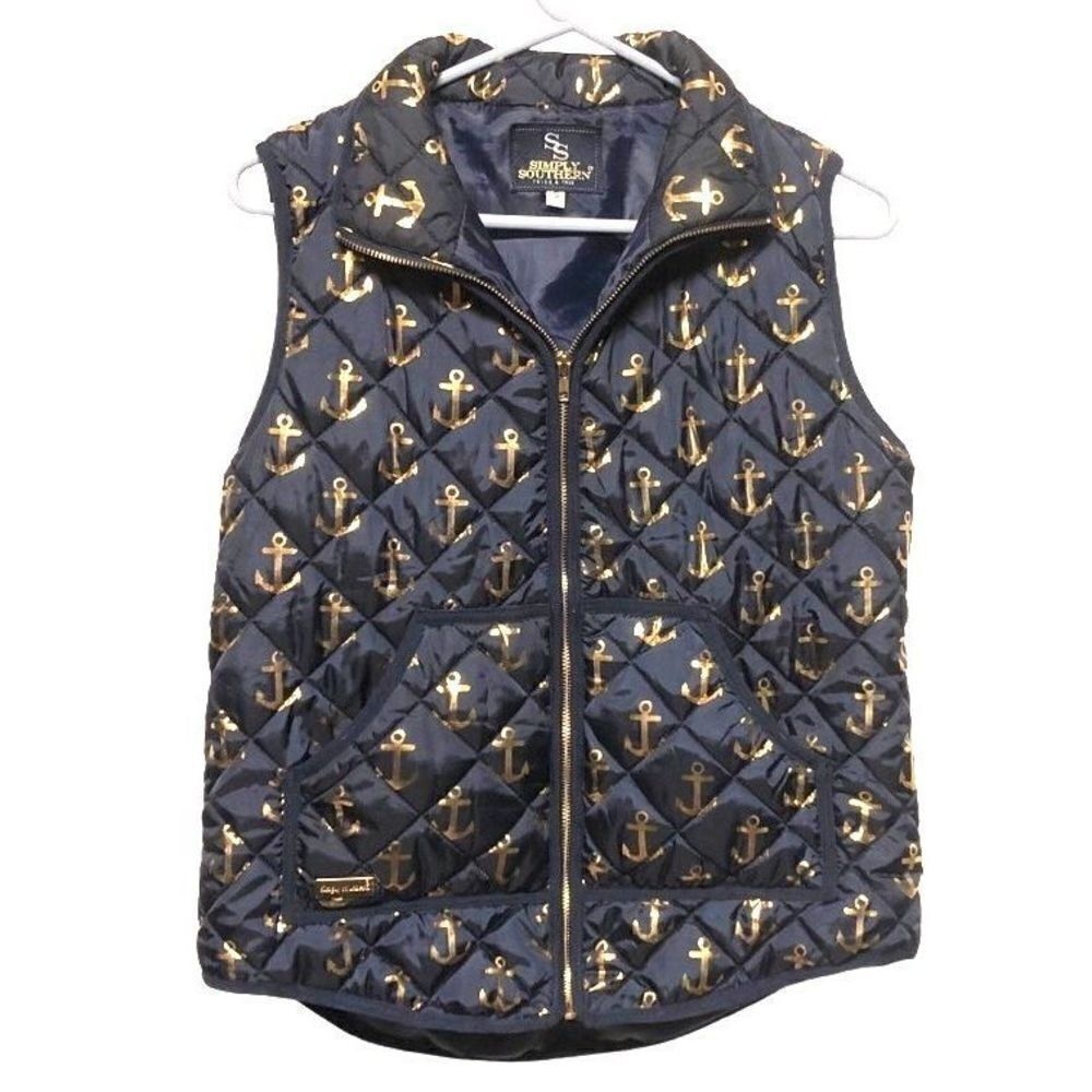 Simply Southern Women Nautical‎ Style Navy Blue and Gold Anchor Vest Sz Small